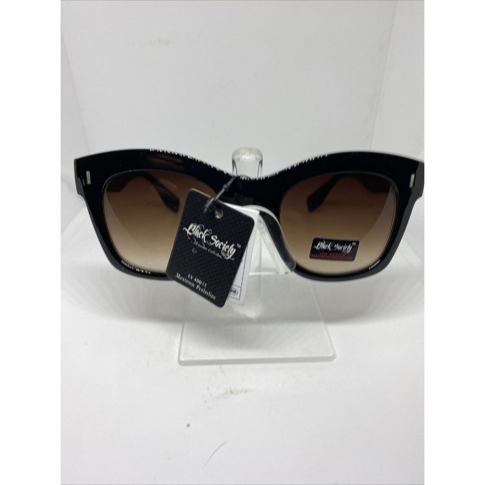 Black Society Sunglasses Skull & Stud Square Gloss Black Frame Brown Lens NWT